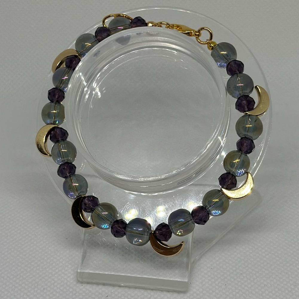 Handmade Gold Wire Bracelet with Iridescent Gray Beads and Gold Moon Charms